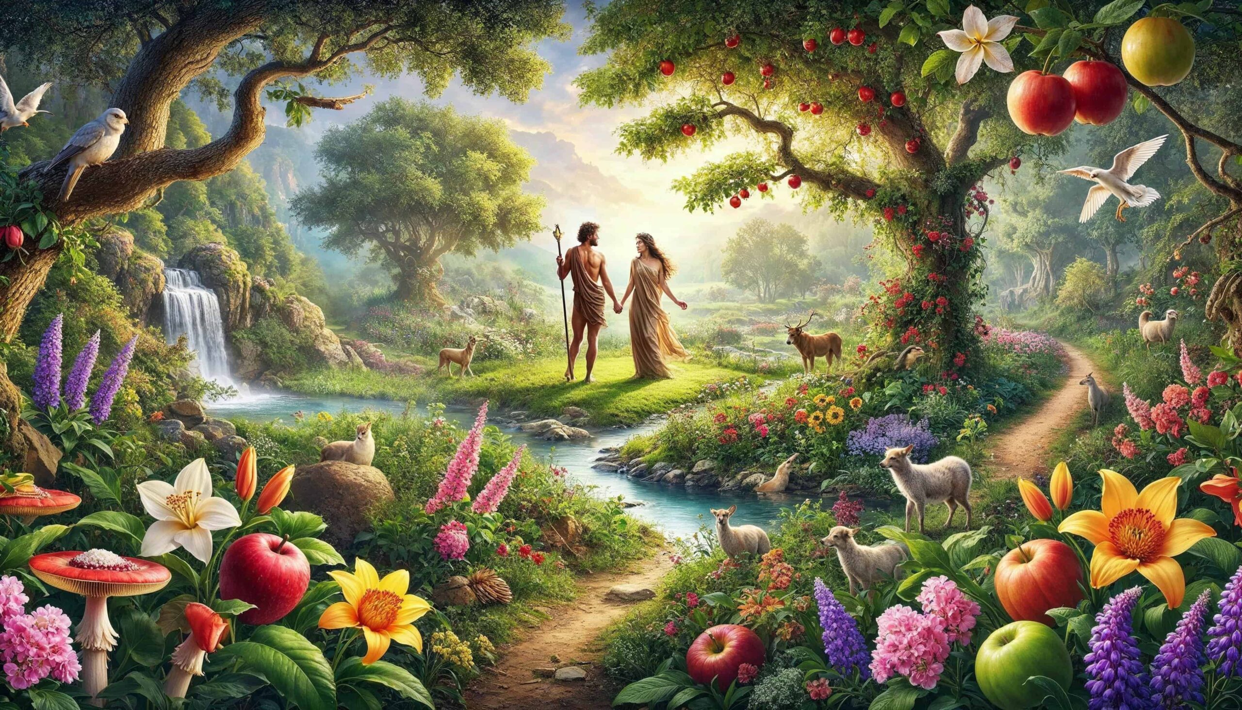 first humans,adam and eve,eden garden,nature and animals