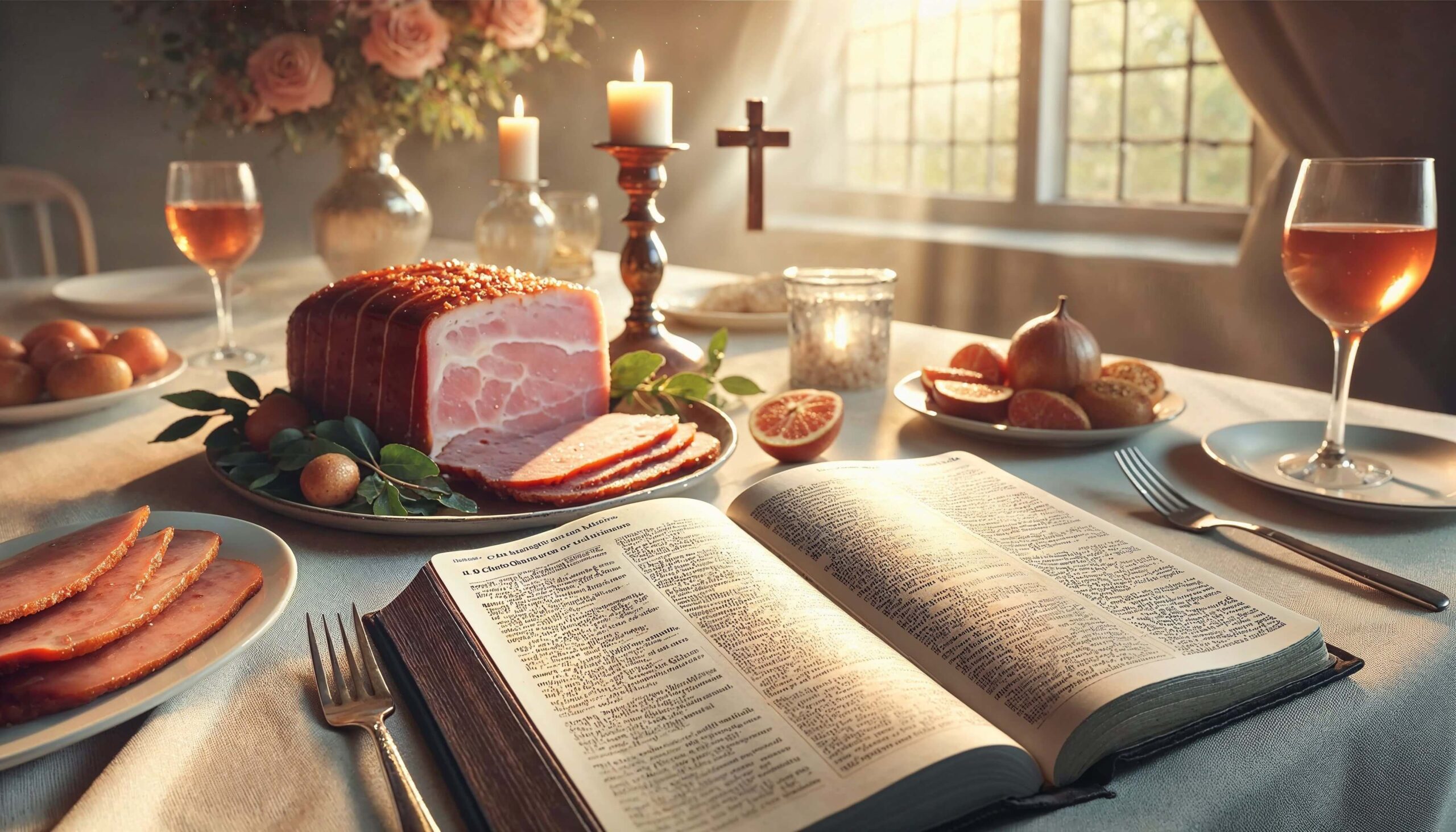 pork,bible,food,wine,table