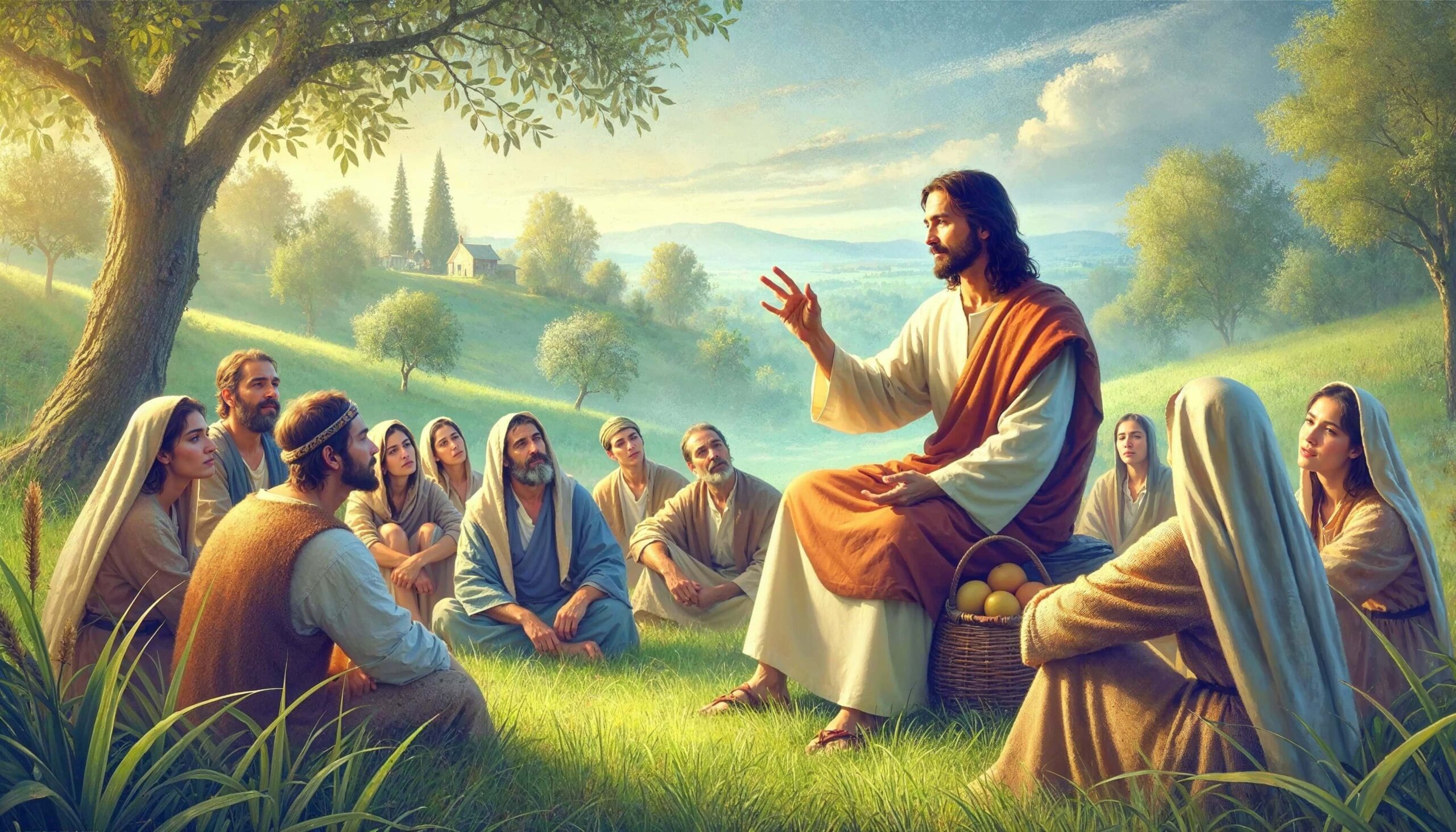 jesus,teaching,group of people,parables,grass